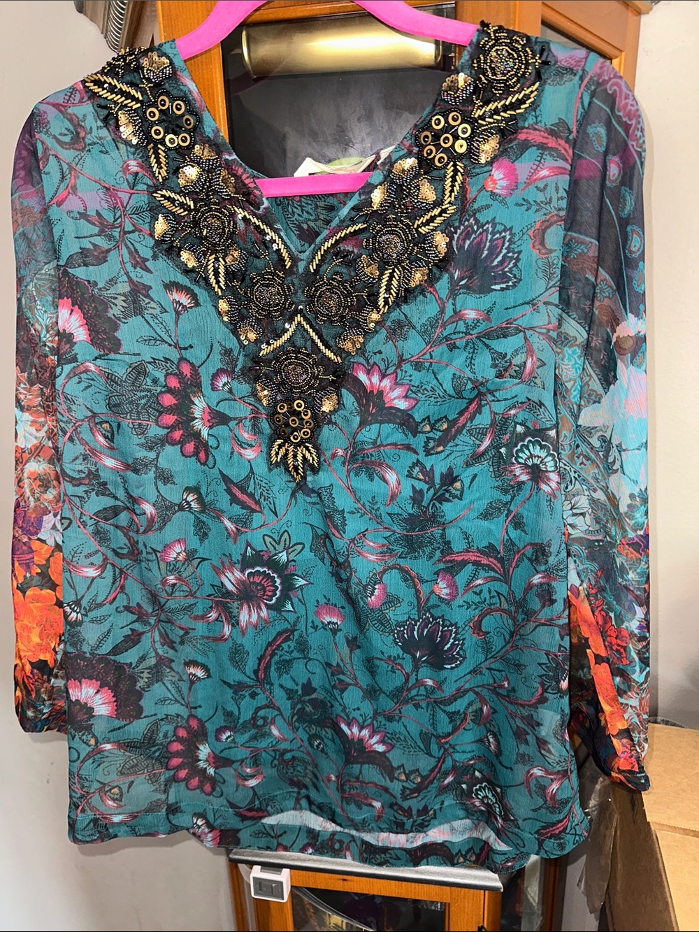Soft Surroundings Teal Floral Beaded V-Neck Blouse
